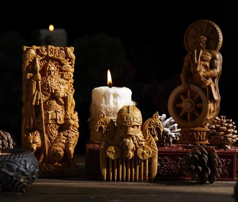 تمثال Odin ، Allfather ، آلهة الإسكندنافية ، مذبح نحت الخشب Asatru Viking God and Goddes Sculpture Wooden Pantheon (Wood) in Kuwait