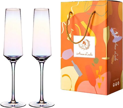 Wedding Champagne Flute Set, 2 Glasses for Bride and Groom, 100％Lead Free Quality Hand Blown Champagne Glasses, Great Gift for Engagement, Wedding, Anniversary (Rainbows) (Rainbow Straight) in Saudi Arabia