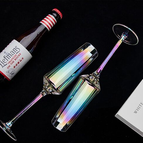Wedding Champagne Flute Set, 2 Glasses for Bride and Groom, 100％Lead Free Quality Hand Blown Champagne Glasses, Great Gift for Engagement, Wedding, Anniversary (Rainbows) (Rainbow Straight) in Saudi Arabia