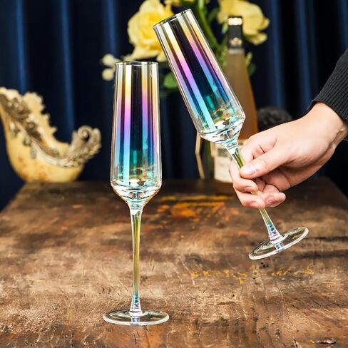 Wedding Champagne Flute Set, 2 Glasses for Bride and Groom, 100％Lead Free Quality Hand Blown Champagne Glasses, Great Gift for Engagement, Wedding, Anniversary (Rainbows) (Rainbow Straight) in Saudi Arabia