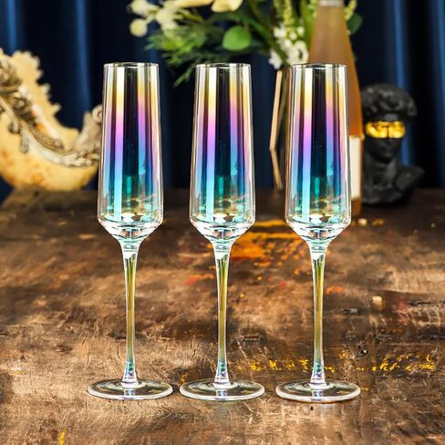 Wedding Champagne Flute Set, 2 Glasses for Bride and Groom, 100％Lead Free Quality Hand Blown Champagne Glasses, Great Gift for Engagement, Wedding, Anniversary (Rainbows) (Rainbow Straight) in Saudi Arabia