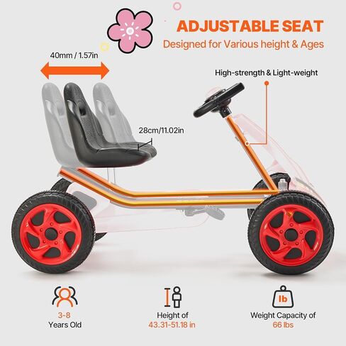 VEVOR Kids Pedal Go Kart, 4 Wheel Off-Road Pedal Go Cart Ride On Toy for Kids, Steering Wheel, Adjustable Seat, Non-Slip Big Wheels, Outdoor Racer Ride On Pedal Car for Boys & Girls Ages 3-8, Red in Saudi Arabia