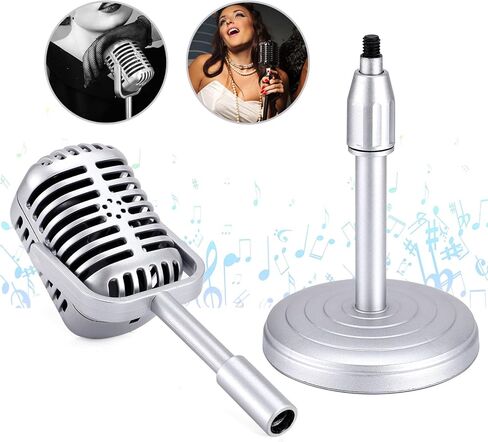 Facmogu Vintage Desktop Microphone Prop Model with Adjustable Stand, Classic Retro Style Microphone Prop Decor for Party Decoration Costume Role Play & Game Night - Silver in Kuwait