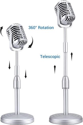 Facmogu Vintage Desktop Microphone Prop Model with Adjustable Stand, Classic Retro Style Microphone Prop Decor for Party Decoration Costume Role Play & Game Night - Silver in Kuwait