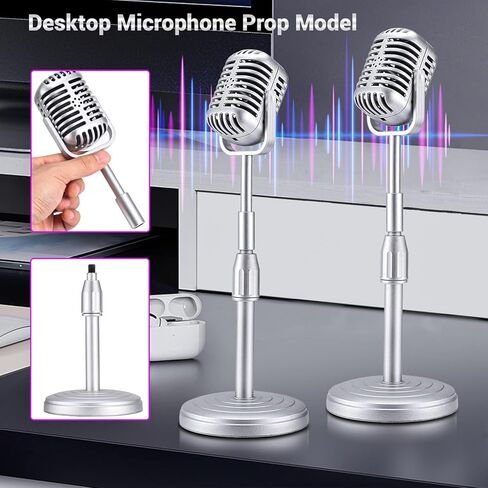 Facmogu Vintage Desktop Microphone Prop Model with Adjustable Stand, Classic Retro Style Microphone Prop Decor for Party Decoration Costume Role Play & Game Night - Silver in Kuwait