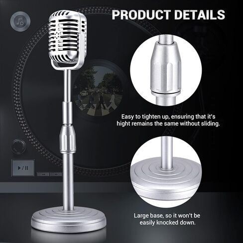 Facmogu Vintage Desktop Microphone Prop Model with Adjustable Stand, Classic Retro Style Microphone Prop Decor for Party Decoration Costume Role Play & Game Night - Silver in Kuwait