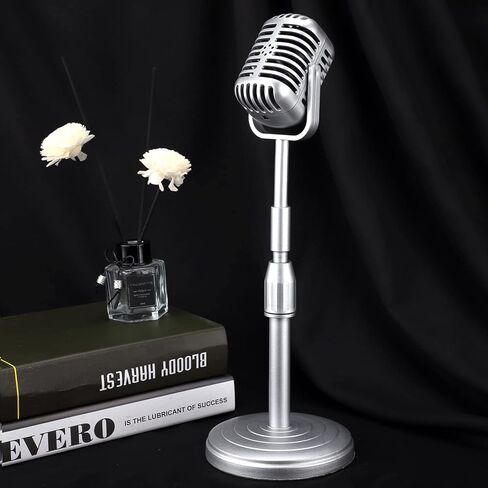 Facmogu Vintage Desktop Microphone Prop Model with Adjustable Stand, Classic Retro Style Microphone Prop Decor for Party Decoration Costume Role Play & Game Night - Silver in Kuwait