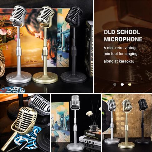 Facmogu Vintage Desktop Microphone Prop Model with Adjustable Stand, Classic Retro Style Microphone Prop Decor for Party Decoration Costume Role Play & Game Night - Silver in Kuwait