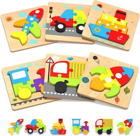 Yetonamr Wooden Toddler Puzzles Gifts Toys for 1 2 3 Years Old Boys Girls, 6 Vehicle Shape Montessori Toys Educational Blocks Kids Toys Gift Baby Learning Toy Age 1-3, 2-4 in Saudi Arabia