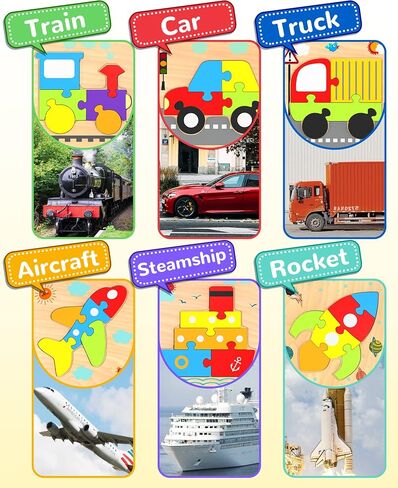 Yetonamr Wooden Toddler Puzzles Gifts Toys for 1 2 3 Years Old Boys Girls, 6 Vehicle Shape Montessori Toys Educational Blocks Kids Toys Gift Baby Learning Toy Age 1-3, 2-4 in Saudi Arabia
