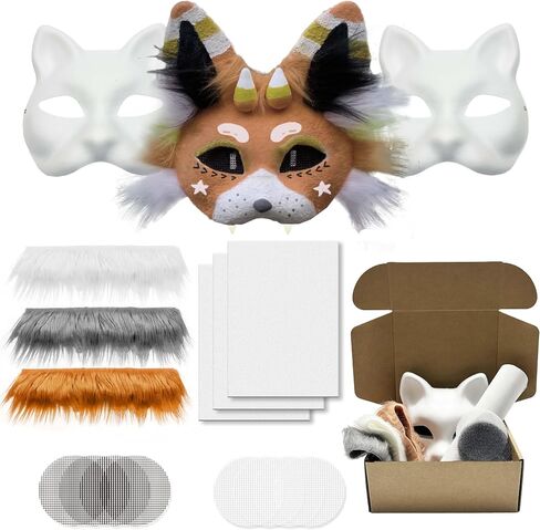 Therian Mask Kit with Fur & Eye Mesk and Felt Sheet,Cat Mask All-in-One to Paint, Blank White Mask for Cosplay Christmas in Saudi Arabia