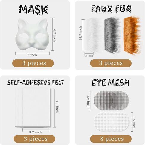Therian Mask Kit with Fur & Eye Mesk and Felt Sheet,Cat Mask All-in-One to Paint, Blank White Mask for Cosplay Christmas in Saudi Arabia