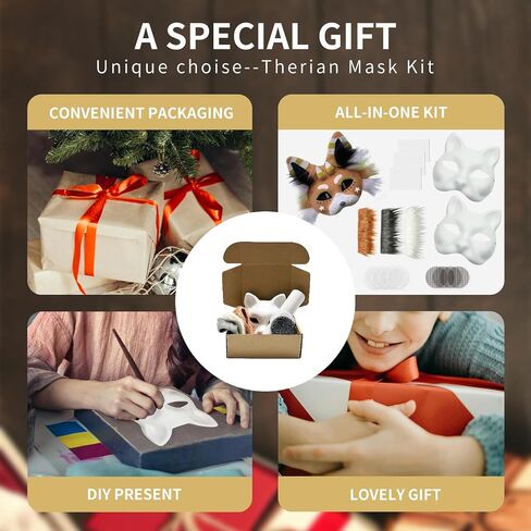 Therian Mask Kit with Fur & Eye Mesk and Felt Sheet,Cat Mask All-in-One to Paint, Blank White Mask for Cosplay Christmas in Saudi Arabia