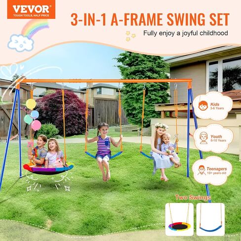VEVOR Swing Sets for Backyard, with 1 Saucer Swing Seat, 2 Belt Swing Seats, 600lbs Load Capacity Swing Set, Heavy Duty A-Frame Metal Swing Stand and Adjustable Rope, Swingset Outdoor for Kids in Saudi Arabia