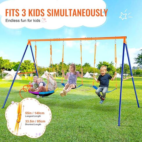 VEVOR Swing Sets for Backyard, with 1 Saucer Swing Seat, 2 Belt Swing Seats, 600lbs Load Capacity Swing Set, Heavy Duty A-Frame Metal Swing Stand and Adjustable Rope, Swingset Outdoor for Kids in Saudi Arabia