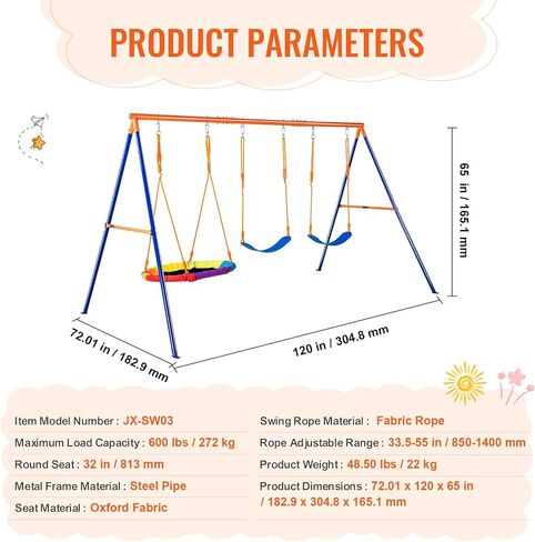 VEVOR Swing Sets for Backyard, with 1 Saucer Swing Seat, 2 Belt Swing Seats, 600lbs Load Capacity Swing Set, Heavy Duty A-Frame Metal Swing Stand and Adjustable Rope, Swingset Outdoor for Kids in Saudi Arabia