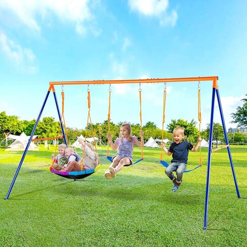 VEVOR Swing Sets for Backyard, with 1 Saucer Swing Seat, 2 Belt Swing Seats, 600lbs Load Capacity Swing Set, Heavy Duty A-Frame Metal Swing Stand and Adjustable Rope, Swingset Outdoor for Kids in Saudi Arabia