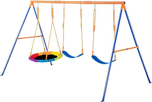 VEVOR Swing Sets for Backyard, with 1 Saucer Swing Seat, 2 Belt Swing Seats, 600lbs Load Capacity Swing Set, Heavy Duty A-Frame Metal Swing Stand and Adjustable Rope, Swingset Outdoor for Kids in Saudi Arabia