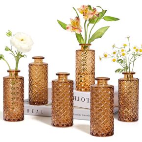 ComSaf Glass Bud Vases Set of 6, Small Diamond Bud Vases in Bulk, Mini Flowers Vases for Centerpieces, Vintage Bottle for Table Decorations, Wedding Decor, Recepetion, Home, (Clear)