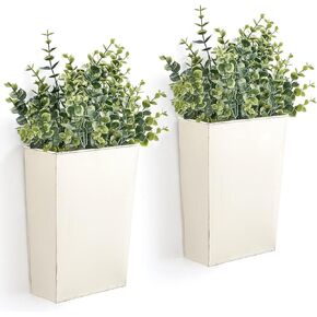 Dahey 2 Packs Metal Wall Planter with Artificial Plants, Farmhouse Wall Decor Hanging Wall Vase Boxs Galvanized Flowers Holder for Country Rustic Home Wall Decor, White