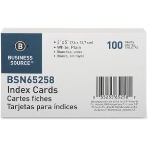 Business Source 65262 Index Cards, Plain, 90lb., 5-Inch x8-Inch , 100/PK, White