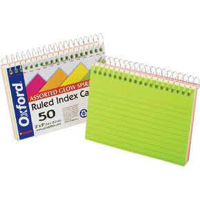Oxford Spiral Bound Glow Index Cards, 3" x 5", Ruled, Assorted Bright Colors, 50 Cards per Book (40281)