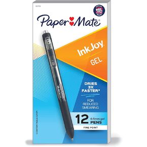Paper Mate InkJoy Gel Pen, Fine Point, Black Ink Pens, 0.5mm Fine Tip, Ergonomic Comfort Grip, Box of 12