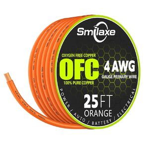 4 Gauge Wire (25ft) Pure Copper, Battery Cable, Solar System Wire Power/Ground, Auto, RV/Trailer, Golf Cart, House Wiring, Electrical (4 AWG, Orange)