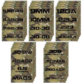 Aolamegs Ammo Can Vinyl Sticker Set, Caliber Decal Labels for Ammo Cans .22 .223 .308 9MM .380 .45 5.56 7.62 12GA 300BLK (80 Pack/20 Varieties)