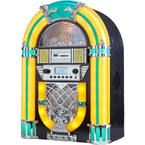Athena Mini Jukebox/Tabletop CD Player/Bluetooth Speaker/Radio/USB and SD Card Player with Retro LED Lighting System (Black Golden)