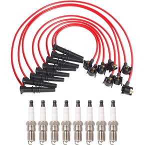 ENA Set of 8 Platinum Spark Plug and Red Wire Set Compatible with Ford Mercury Lincoln E150 F150 F250 Expedition Town Car Grand Marquis 4.6L V8 Replacement for WR5934 F8PZ12259LA CH8882 700944 SP432