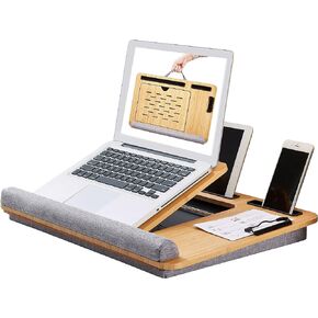 Bamboo Laptop Lap Desk Adjustable Angle, Bed Desk Portable with Cushion and Soft Wrist Pad, Laptop Stand for Desk with Clip and Media Slots (Natural Bamboo for Desk Grey for Cushion)