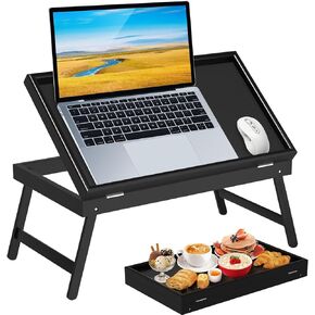 Bamboo Bed Tray Table,Breakfast Trays with Folding Legs,Kitchen Serving Tray for Sofa,Eating and Working,Used As Laptop Desk Snack Tray,Black
