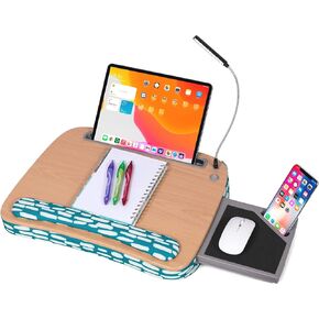 BIRDROCK HOME Deluxe Lap Desk with Pillow Cushion and Wrist Rest | USB Light and Mouse Pad | Fits Laptops Up to 15" | Tablets Up to 9.6" | Teal and White | Desk with Reading Light | Work from Home