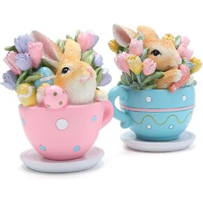 Hodao Easter Bunny Decorations Spring Easter Egg/Cup Bunny Indoor Home Decor Farmhouse Country Style Flowers Bunny Figurines (2pcs Easter Egg Rabbit Color 1)