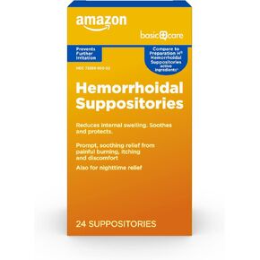 Amazon Basic Care Hemorrhoidal Suppositories, Relief from Burning, Itching and Discomfort of Hemorrhoids, 24 Count