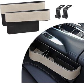 Augeny 2 Pack Car Seat Gap Filler Organizer with 2 Bonus Headrest Hooks, Multifunctional Front Seat Car Organizer with Cup Holder, Auto Accessories for Holding Cellphone Wallet Key (Beige)