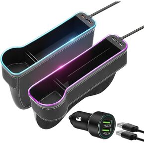7 Color Led Car Seat Gap Organizer with 56W Fast Charger Car Organizer & Storage Front Seat Gap Filler with USB Cup Holder,Car Charger Storage Box fit for Android iPhone (Black)
