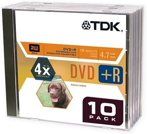 TDK DVD+R وسائط فارغة مع حافظات جوهرية (DVD+R47CBXS10TG، 4.7 جيجابايت، 4X Speed) in Saudi Arabia