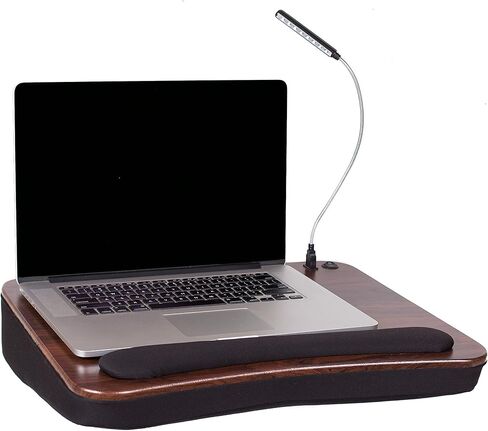 Lap Desk with Memory Foam Cushion and USB Light, Fits Laptops Up to 15", Portable Workstation for Home Office with Wrist Rest, Handle, and Detachable Light - Black, Walnut in Saudi Arabia
