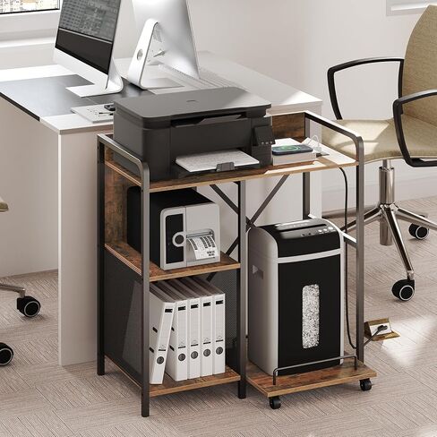 حامل الطابعة مع مساحة تخزين، طاولة الطابعة مع حامل تقطيع الورق، رف الطابعة مع مقبس ومنفذ شحن USB، حامل وحدة المعالجة المركزية، عربة طابعة دوارة للمكتب المنزلي، بني ريفي PTHR80E01 in Kuwait