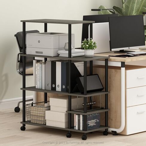 Furinno Turn-N-Tube 4 طبقات واسعة بدون أدوات متعددة الأغراض حامل عرض رف تخزين مع عجلات، بلوط فرنسي رمادي/أسود in Saudi Arabia