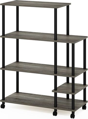 Furinno Turn-N-Tube 4 طبقات واسعة بدون أدوات متعددة الأغراض حامل عرض رف تخزين مع عجلات، بلوط فرنسي رمادي/أسود in Saudi Arabia
