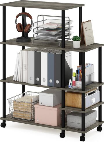 Furinno Turn-N-Tube 4 طبقات واسعة بدون أدوات متعددة الأغراض حامل عرض رف تخزين مع عجلات، بلوط فرنسي رمادي/أسود in Saudi Arabia