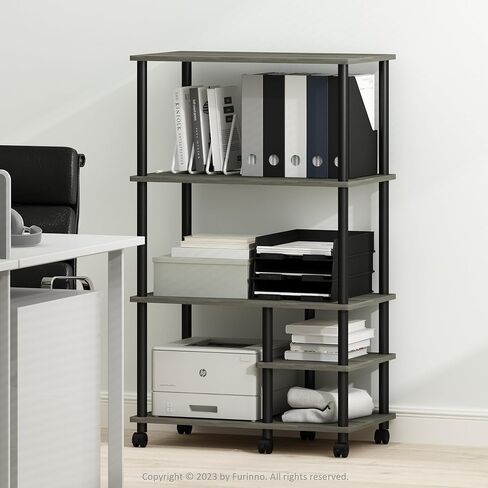 Furinno Turn-N-Tube 4 طبقات واسعة بدون أدوات متعددة الأغراض حامل عرض رف تخزين مع عجلات، بلوط فرنسي رمادي/أسود in Saudi Arabia