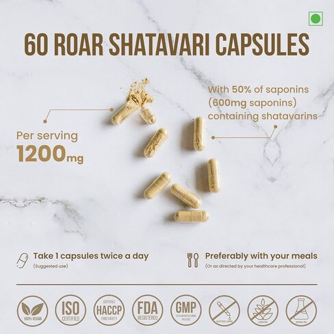 Roar to Life Naturally Shatavari 1200 mg Natural Ayurvedic Vegetarian Capsules Supplement Tablets with 50% Saponins Acid Extract Gluten Free Non-GMO 60 Count per Serving. in Saudi Arabia