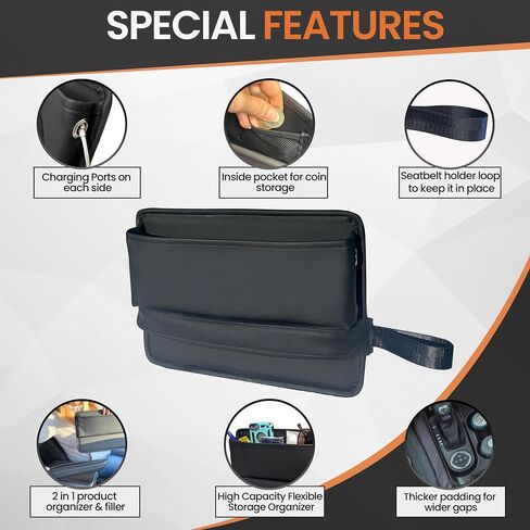 Car Seat Gap Filler Organizer | 2 in 1 Filler for Larger Gap | Car Side Seat Gap Filler | Car Coin Organizer - 2 USB Cable Holes | Front Seat Car Storage Box | Car Storage Organizer | Car Accessories in Saudi Arabia