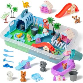 36 PCS Pet Sensory Bin مع 2 لون من الرمال الحسية القابلة للتشكيل ، مجموعة لعب الحيوانات الأليفة وصندوق الرمل مع الغطاء ، اللعب للحيوانات الأليفة للأطفال أفضل هدية عيد ميلاد عيد الميلاد للأولاد 3 4 5 6 7 سنوات