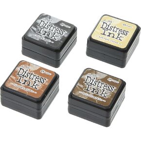 Ranger THoltz Ink Set 3 Tim Holtz Distress InkSet, Mini (Four 1x1 inch Pads), Antique Linen, Vintage Photo, Walnut Stain, and Black Soot, 4 Count
