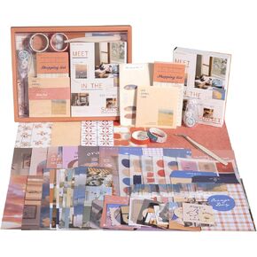 Scrapbook Photo Album Supplies Kit with Tweezers and Glue Tape – Romantic Stationery Aesthetic Junk Journal Kit, Scrapbooking Paper, Sticker Pack, Notebook, DIY Craft, Gift for Teen Adults (Sunset)
